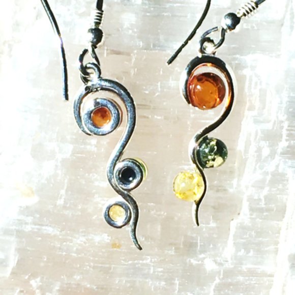 Genuine Baltic Amber Multicolor Earrings .925 Sterling Silver Swirl Design - Picture 7 of 13